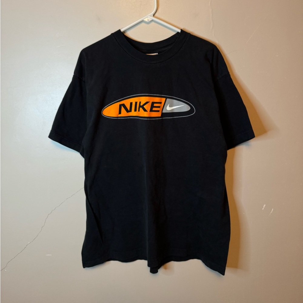Vintage 90s Nike Center Logo Swoosh Spell Out T-Shirt Black Orange Gray Size XL